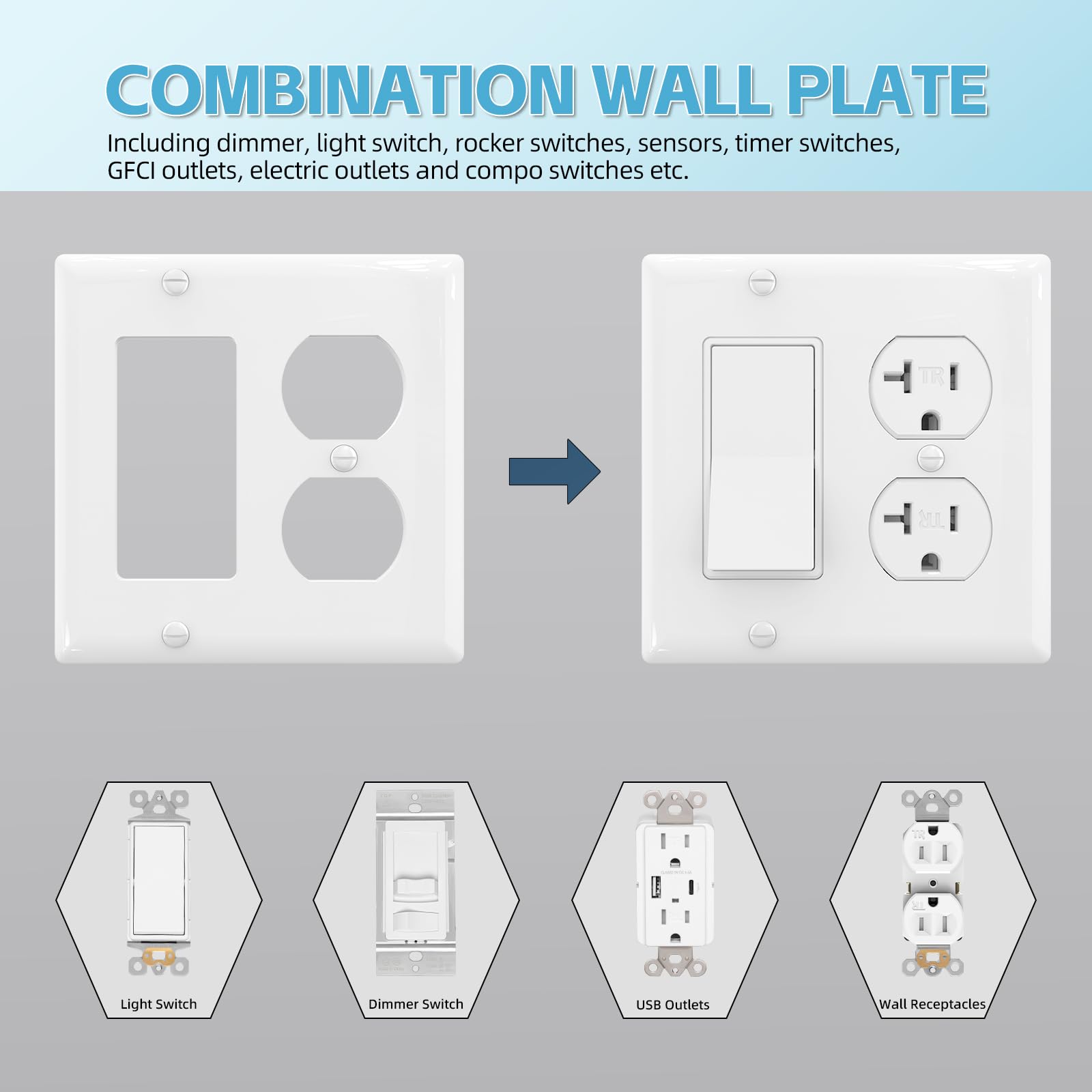 TOPELER Lot de 12 prises duplex à combinaison à 2 interrupteurs - Plaque murale en thermoplastique incassable - Taille standard H 11,6 cm x l 11,6 cm - Blanc brillant