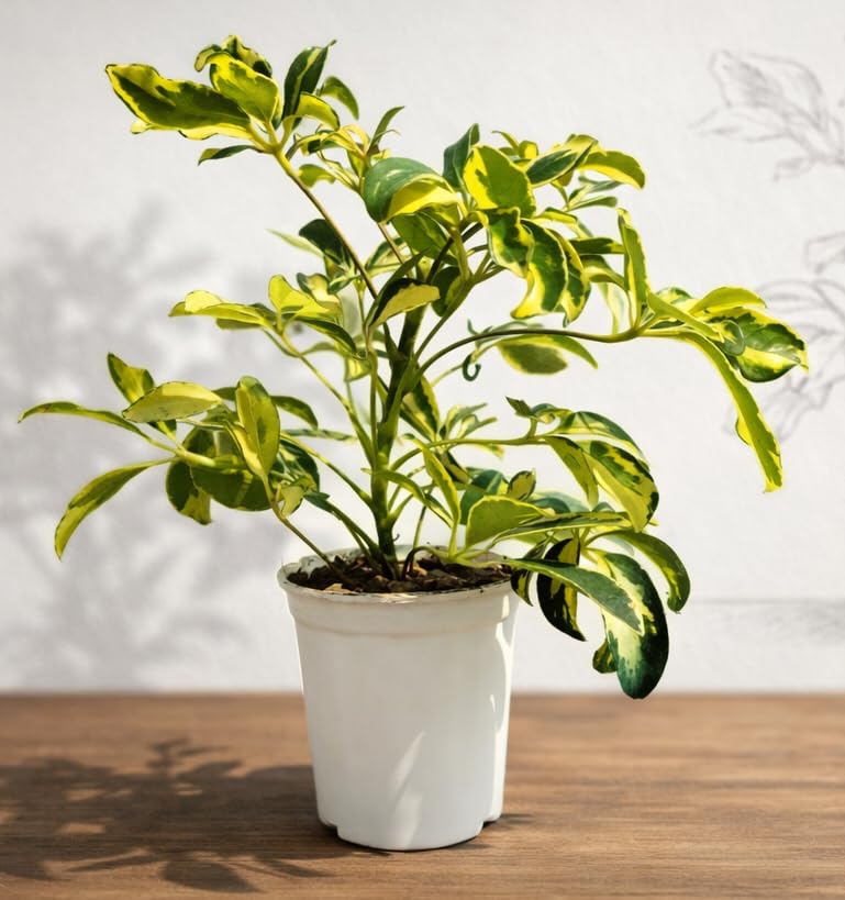 Vrikshani Schefflera Variegated (Umbrella Plant) Indoor Plant with 4 Inch Grow Pot | Indoor Plant For Home | Office Desk | Air Purifying Plant