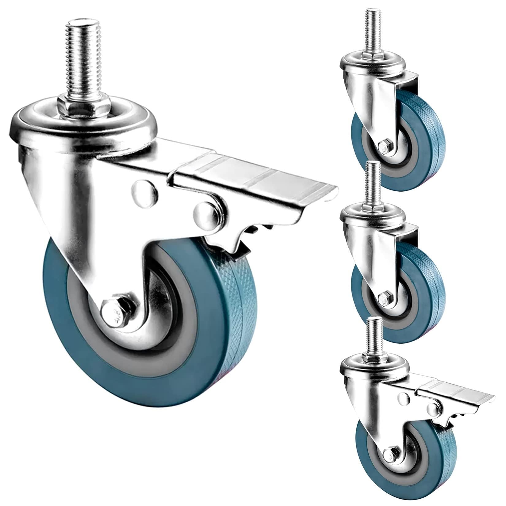 ZGUOUZANTYE 2.5/3 Inch Swivel Stem Caster Wheels M10 M12 Threaded Dual Locking Brakes Silent Castors Replacement Foot Wheel(Swivel+brake,75mm(3in) m10)