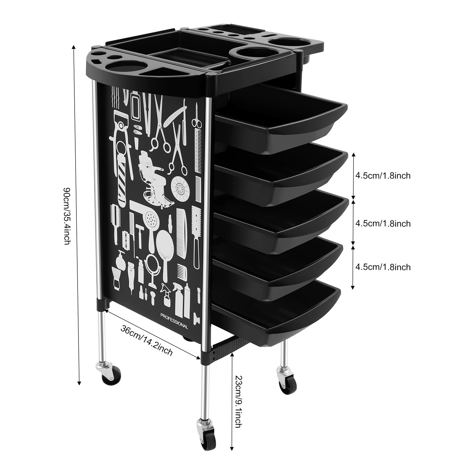 Carro de peluquería con 5 cajones y ruedas, capacidad de carga máxima de 100 kg, para salones de belleza, barbería, color negro