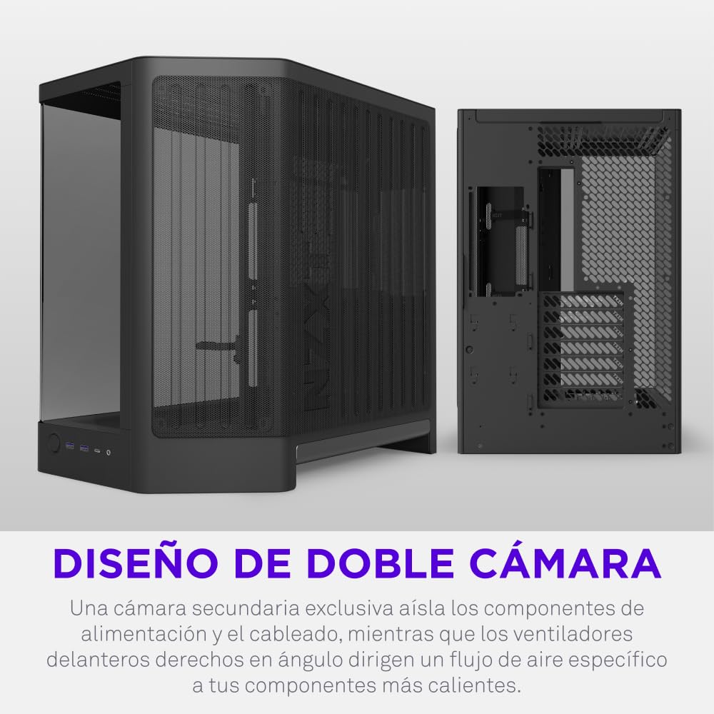 NZXT H6 - Caja PC ATX Compacta Doble Cámara - Negro | Caja ATX de doble cámara compatible con hasta 10 ventiladores de 120mm y radiadores de 360mm, y placa base back-connect.