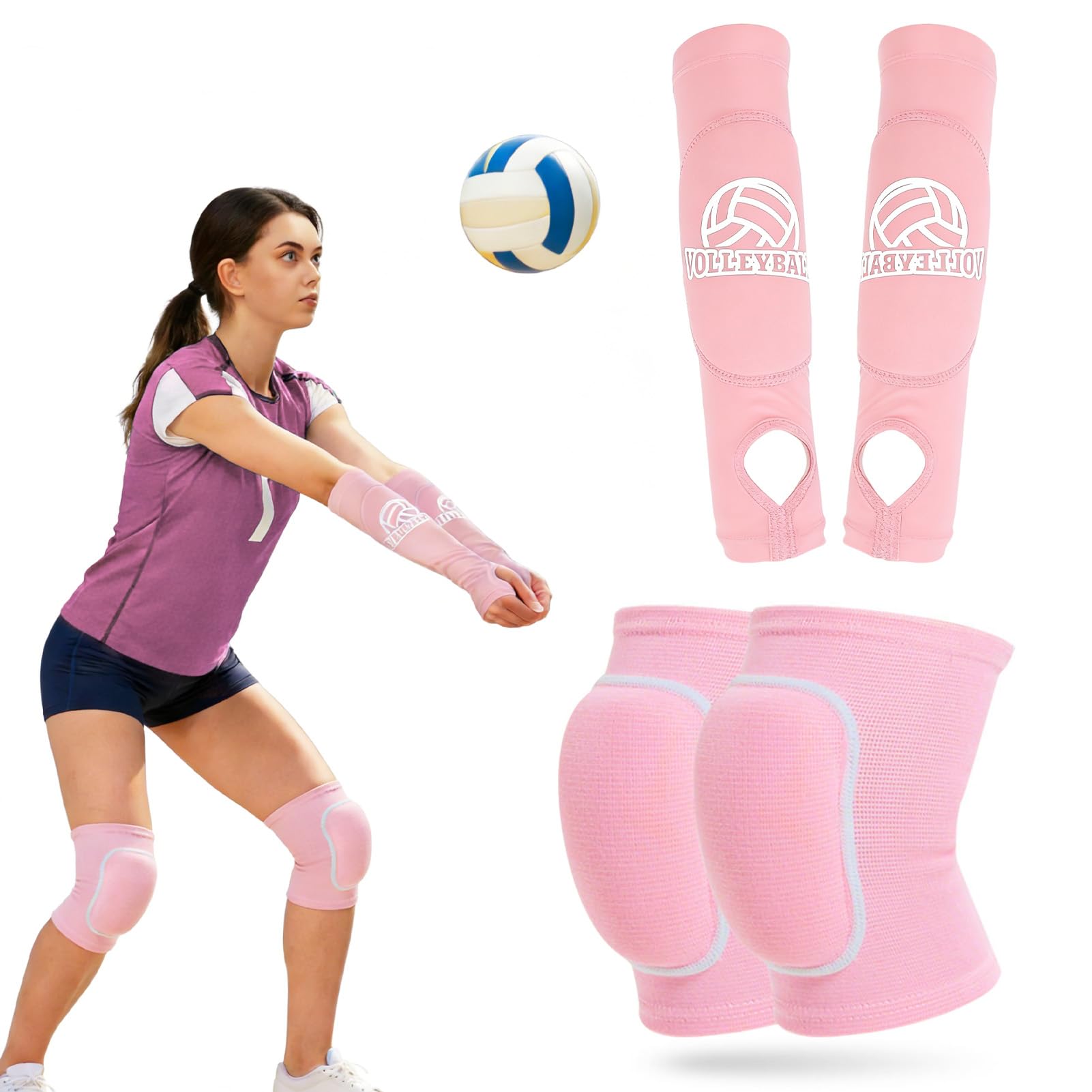Hpbaggy Rosa Volleyball-Schutz, 1-Paar Armstulpen +1-Paar Knieschoner, Sport Unterarm Ärmel -Handgelenkstützemit Schutzpolster und Daumenloch,Schwamm Kollision Knieschutz Knie Schoner - M