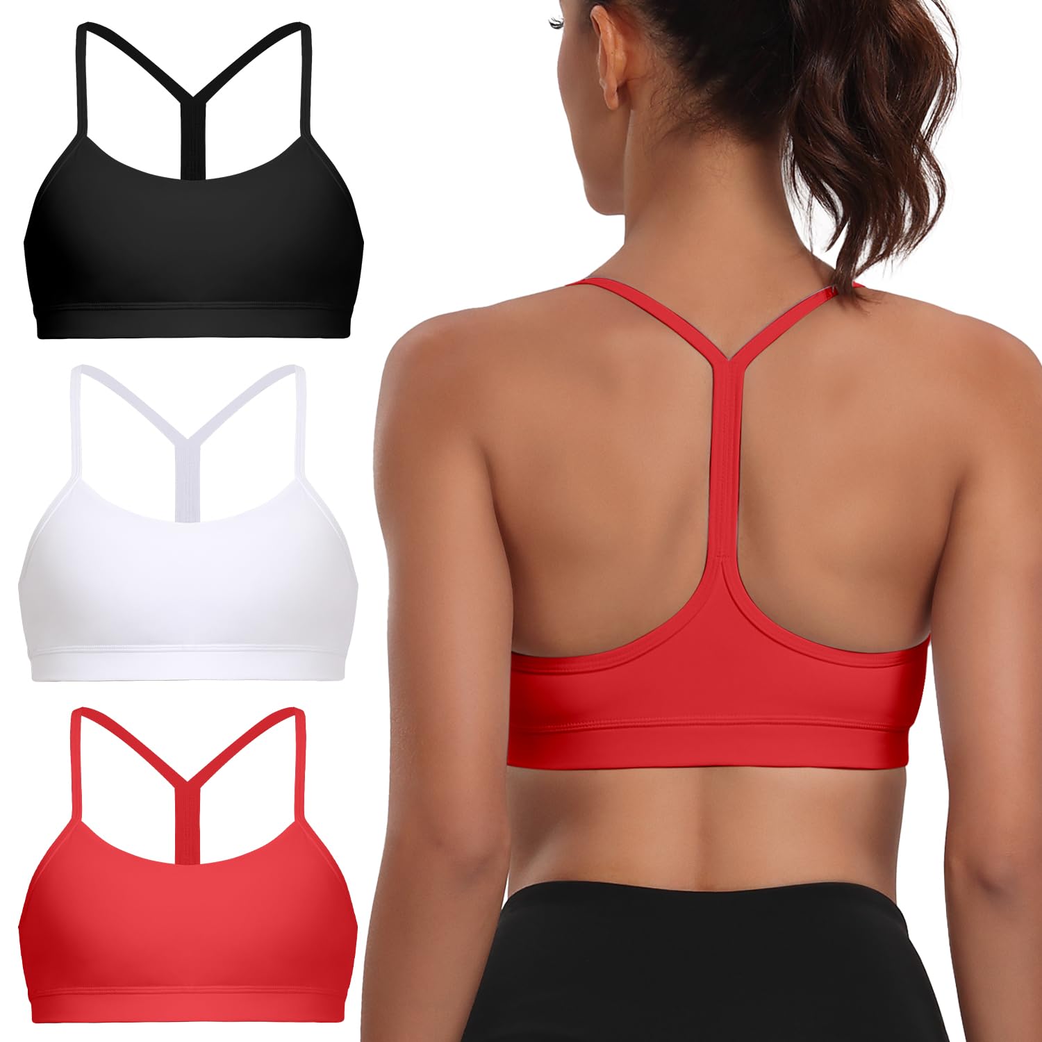 Raxnode Women's 3-Pack Y-Back Sports Bra, Thin Spaghetti Strap Nylon Yoga Bra with Removable Cups, Light Support Bralettes