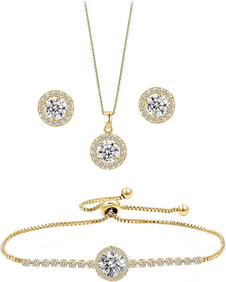 UDYLGOON Bridesmaid Bride Wedding Jewelry Set - Round Cubic Zirconia Earrings Necklace Bracelet Set,Hypoallergenic Prom Party Jewelry Gift for Her