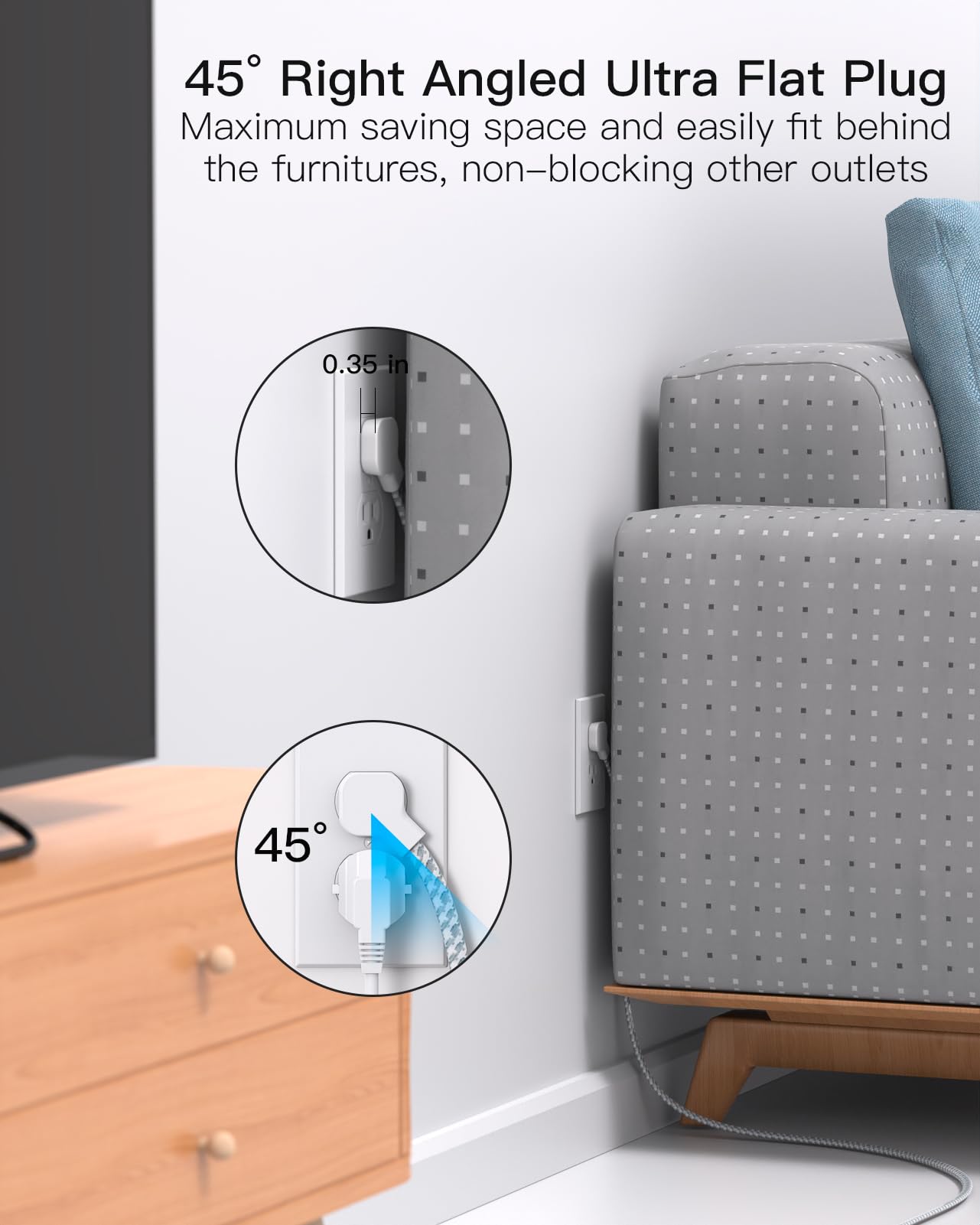 Tira de alimentación protectora contra sobretensiones de 10 pies con 4 puertos USB, 2 enchufes USB-C 6 CA, cable de extensión de enchufe plano, estación de carga USB, montaje en pared para el hogar,