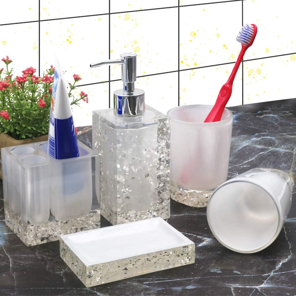 Generic 5-Piece Resin Bathroom Accessory Set with Soap Dish, Dispenser, Toothbrush Holder and Tumbler, White
