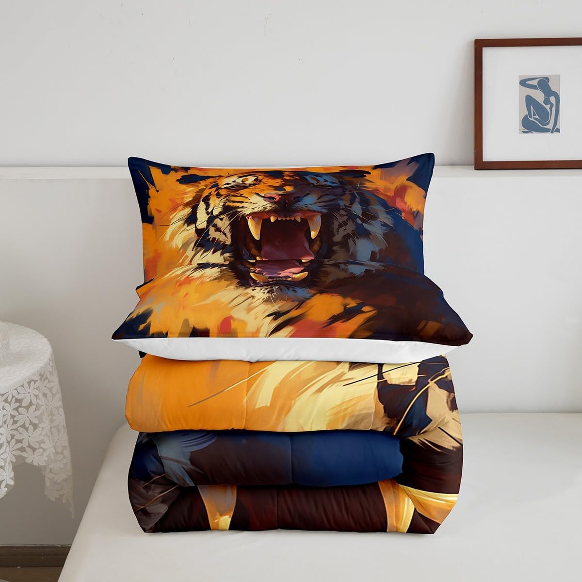 Erosebridal Safari Tiger Queen Comforter Set for Kids Boys Girls Cartoon Tiger Graffiti Bedding Sets,Wild Animal Wildlife Down Comforter Abstract Oil Painting Watercolor Bedding Comforters & Sets
