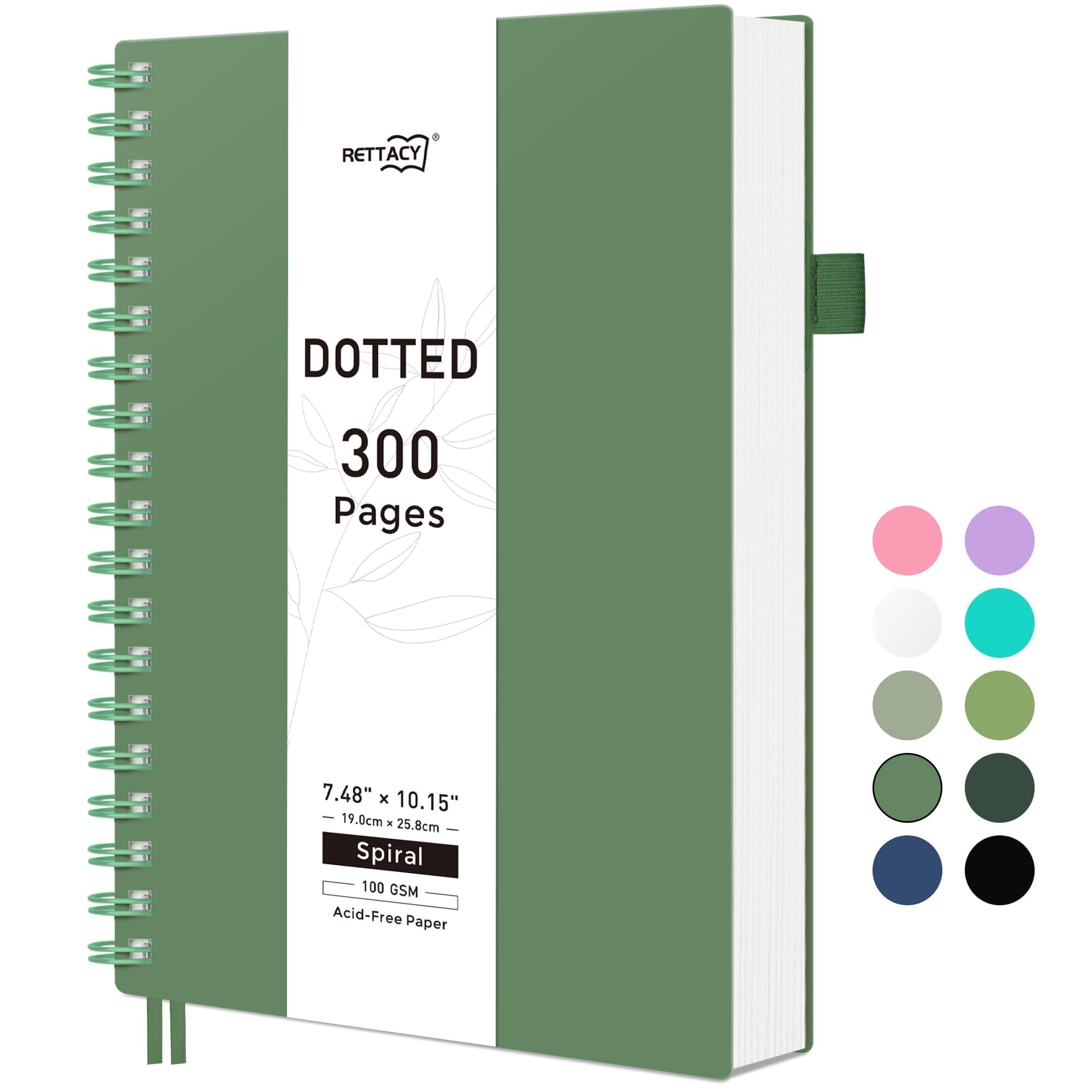 RETTACY Bullet Dotted Journal Notebook, 300 Pages, B5 Medium Size (7.4'' × 10''), 100 GSM Thick Paper, Flexible Plastic Cover, Spiral-bound, for Bullet Journaling, Planning, Tracking (Dark Green)