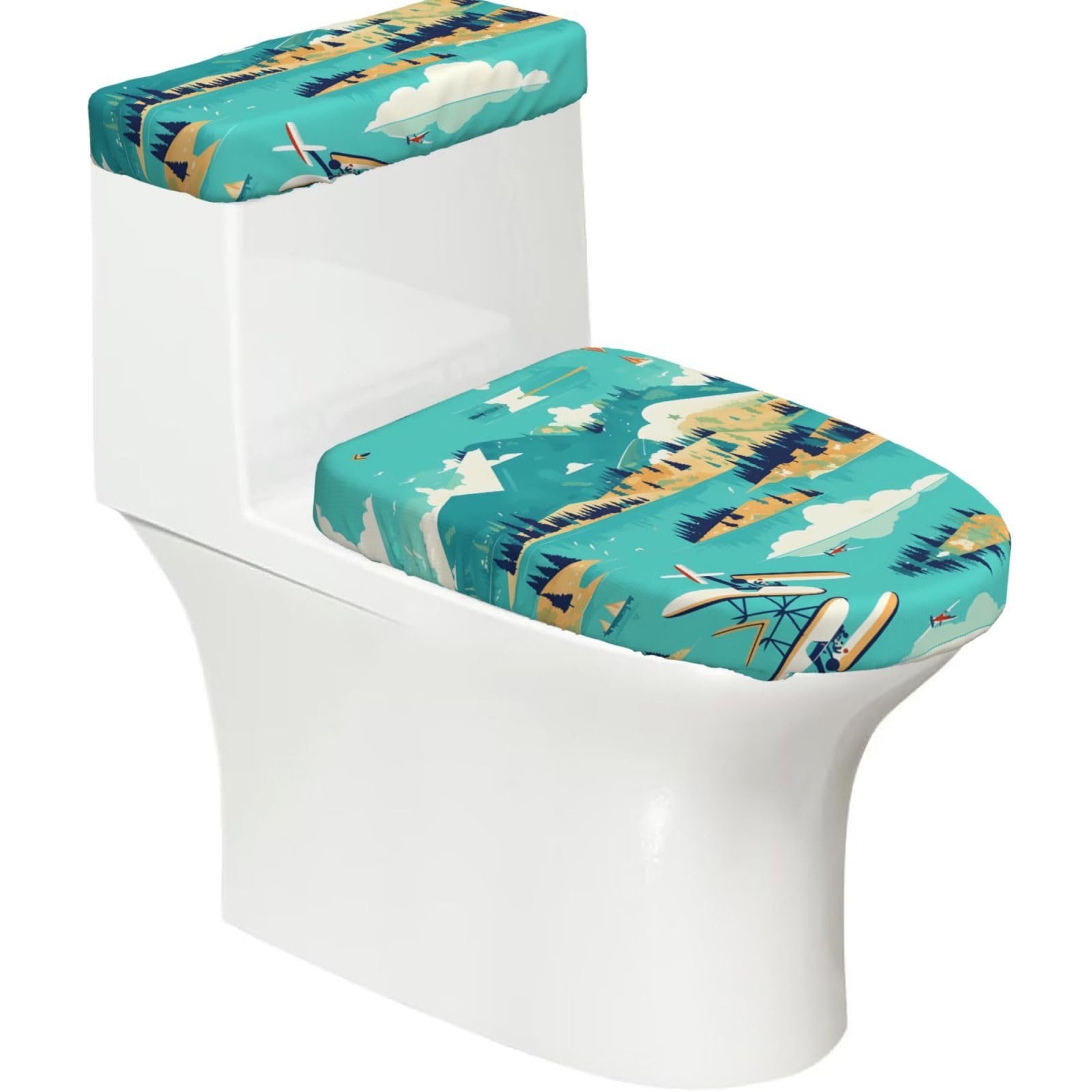 Island 2-Piece Toilet Seat Cover Set with Tank Lid - Elastic for U-Shape & Elongated - Bathroom Decor