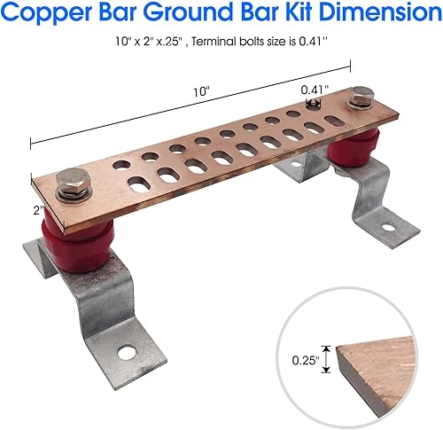 Miniatura 4 de Barra colectora de cobre para tierra, kit de barra de tierra multiusos de 10 x 2 pulgadas x.25 pulgadas con 18 posiciones de terminal de 0.41 y