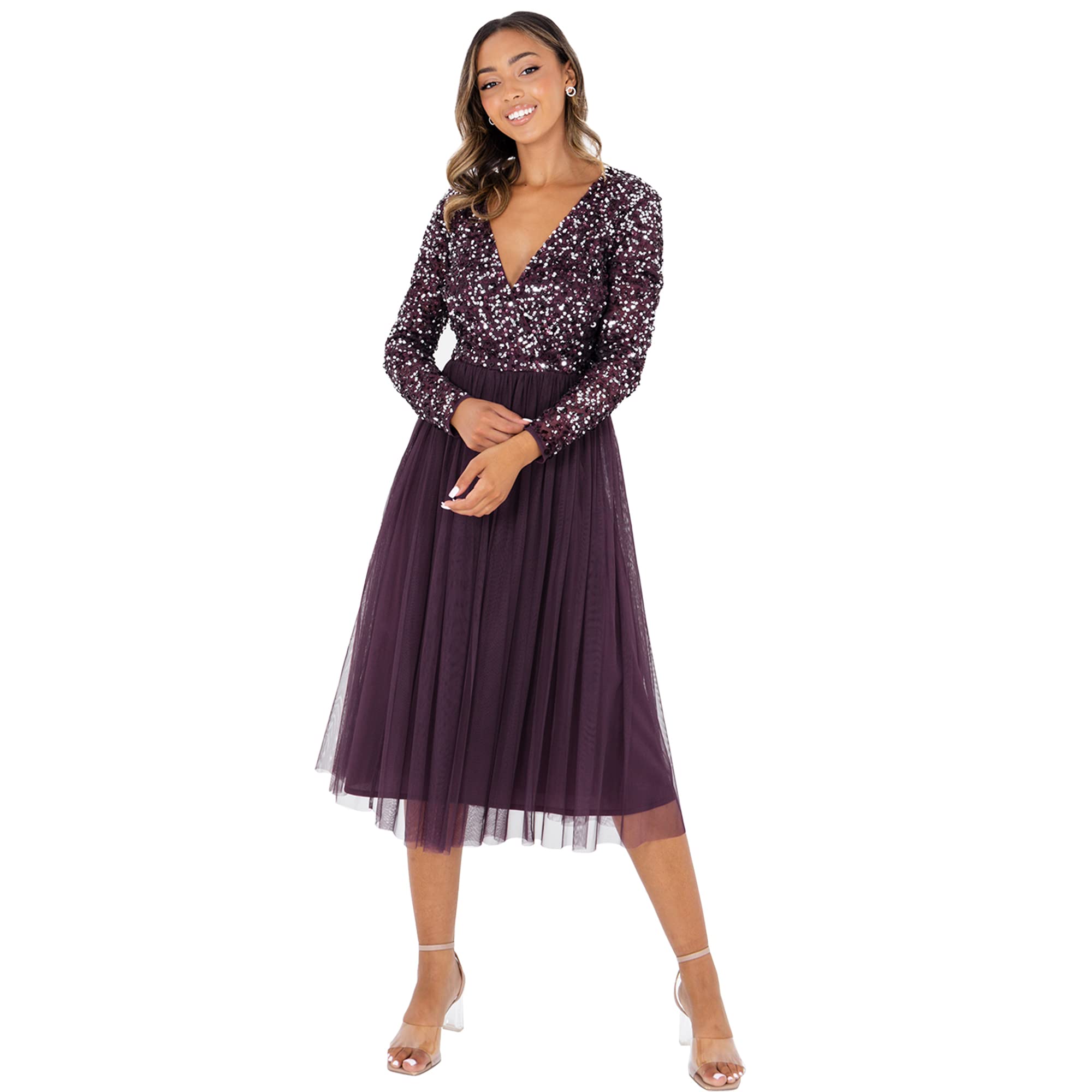 Maya Deluxe Women's Purple Maya Berry Faux Wrap Front Embellished Maxi Dress in Size 8, Sports Direct
