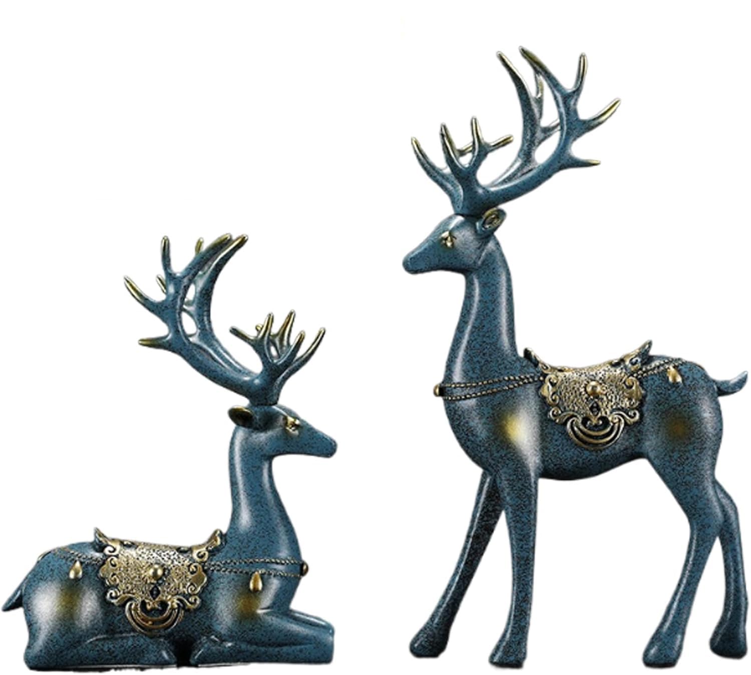 2 figuras de reno de Navidad, esculturas de reno de resina de pie y sentado para decoración del hogar de vacaciones (azul, talla única)