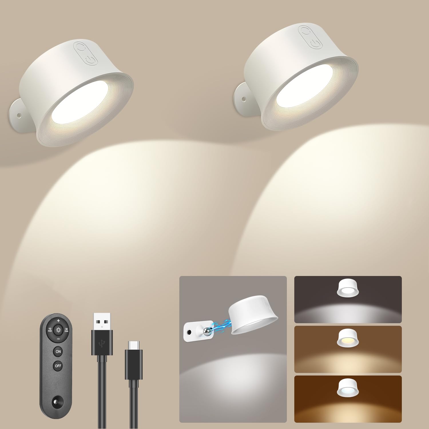 Yulado Lampara De Pared Magnetica Led 2 Piezas Con Control Remoto, Lamparas Usb Recargable, 3 Temperaturas De Iluminación Luces Inalámbricas De Rotación De 360​​​​° Para La Cabecera Del Dormitorio