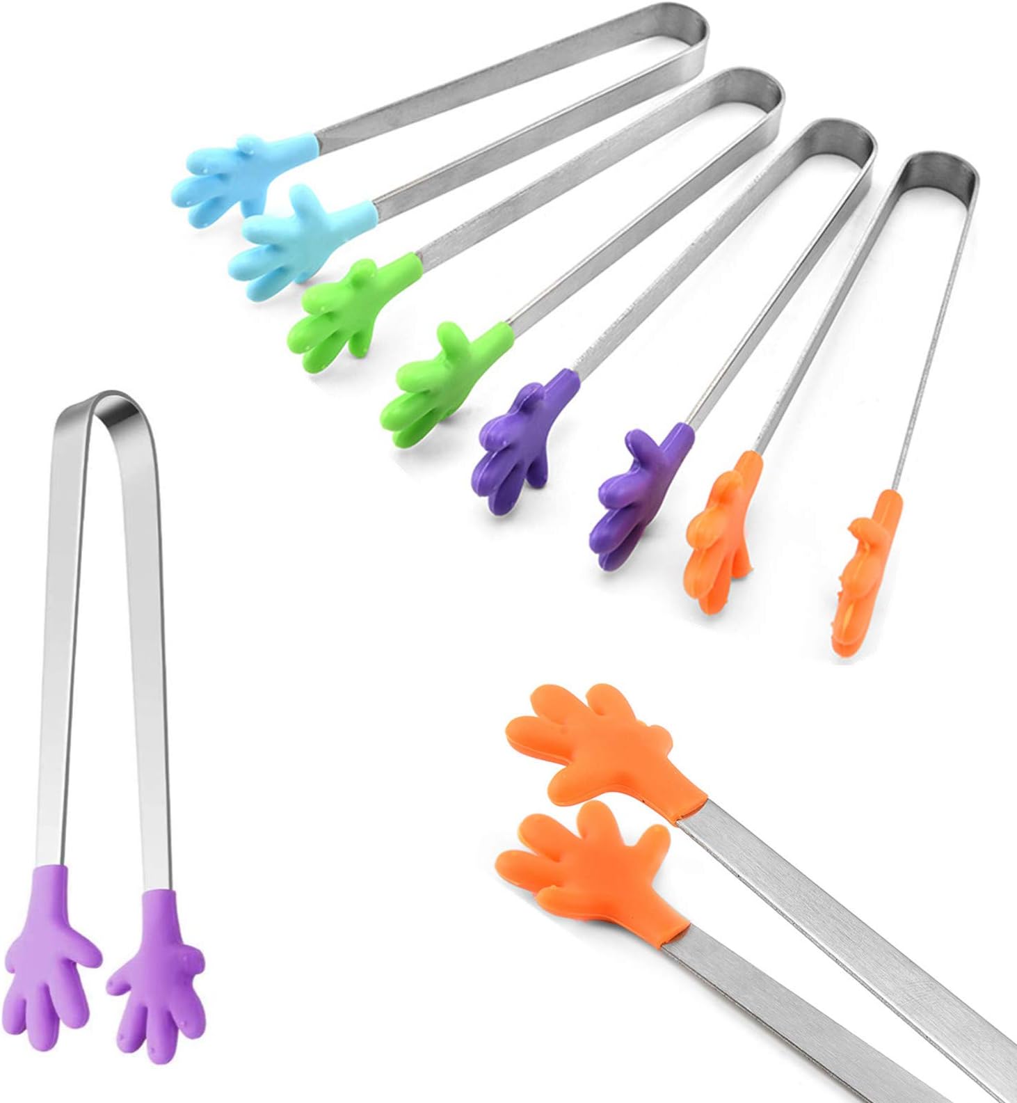 CONGGUAN6 Pieces Mini Food Tongs with Non-Slip Silicone Handle, Stainless Steel Kitchen Tongs for BBQ, Salad, Ice, Sweets (Multifunctional, Heat Resistant)