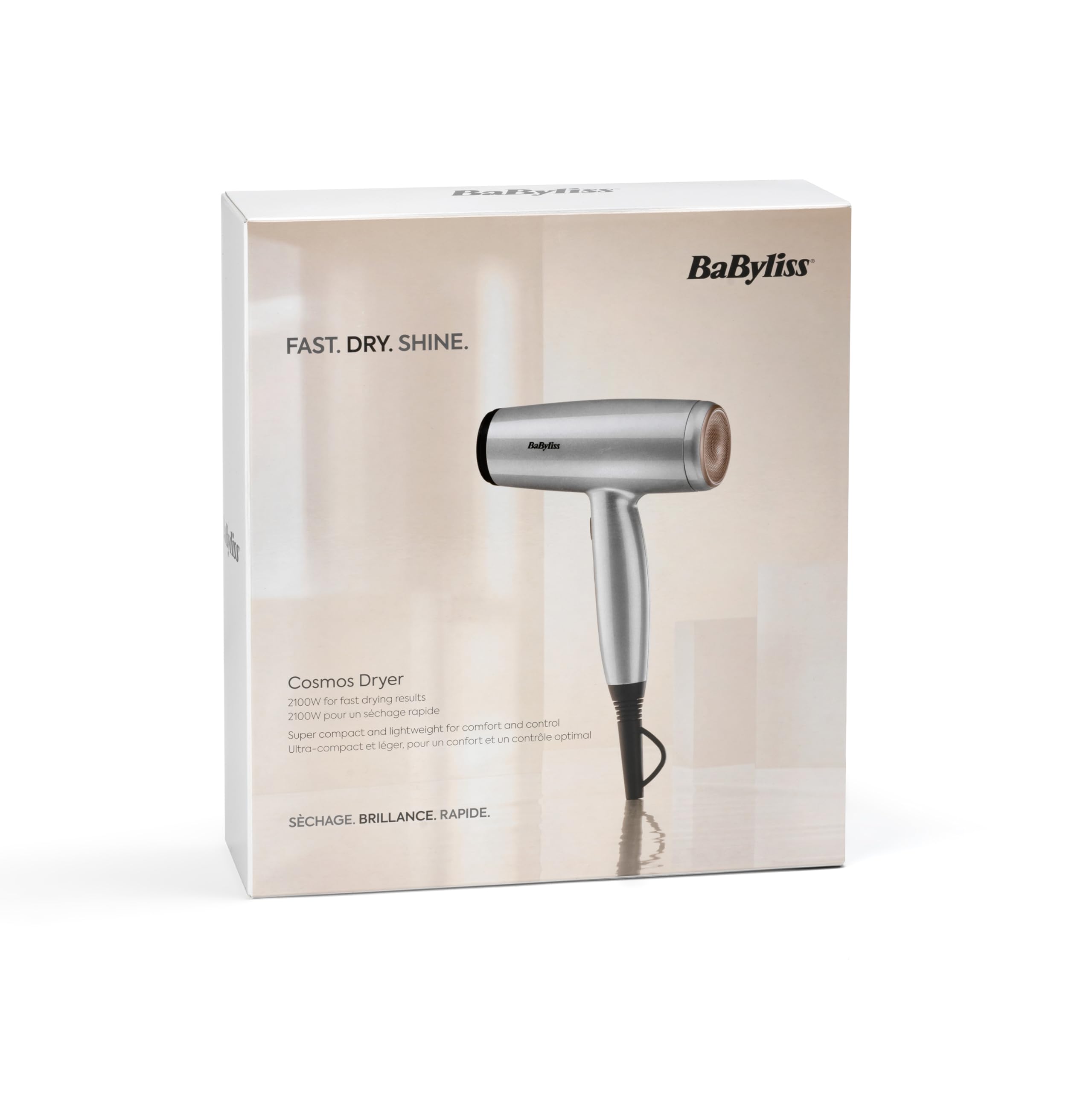 BaByliss Sèche-Cheveux Cosmos avec Diffuseur, Léger – NOUVEAUTÉ 2025, Sèche-cheveux puissant et élégant de 2100W, Technologie ionique anti-frisottis, 3 températures & 2 vitesses, Argenté, D580DE