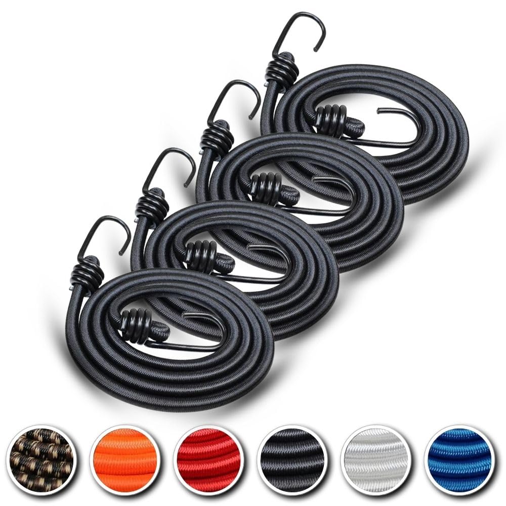SGT KNOTS Bungee Cord with Hooks - - Marine Grade Bungee Cords with 2 Hooks - Heavy Duty Bungie - Bunji Cord Straps - Bungees for Tie Downs, Camping, & Cars (24 in - Black, 4Pack)