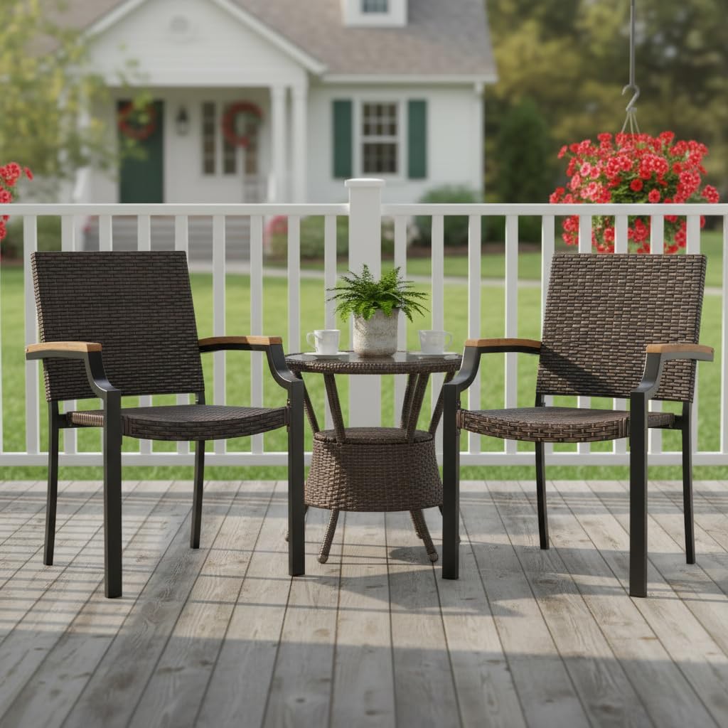 Tangkula Stackable Patio Wicker Dining Chairs Set of 4, Outdoor Rattan Chairs with Acacia Wood Armrests & Metal Frame, 400 lbs Max Load, Space-Saving Outside Chairs for Backyard, Porch, Deck & Garden
