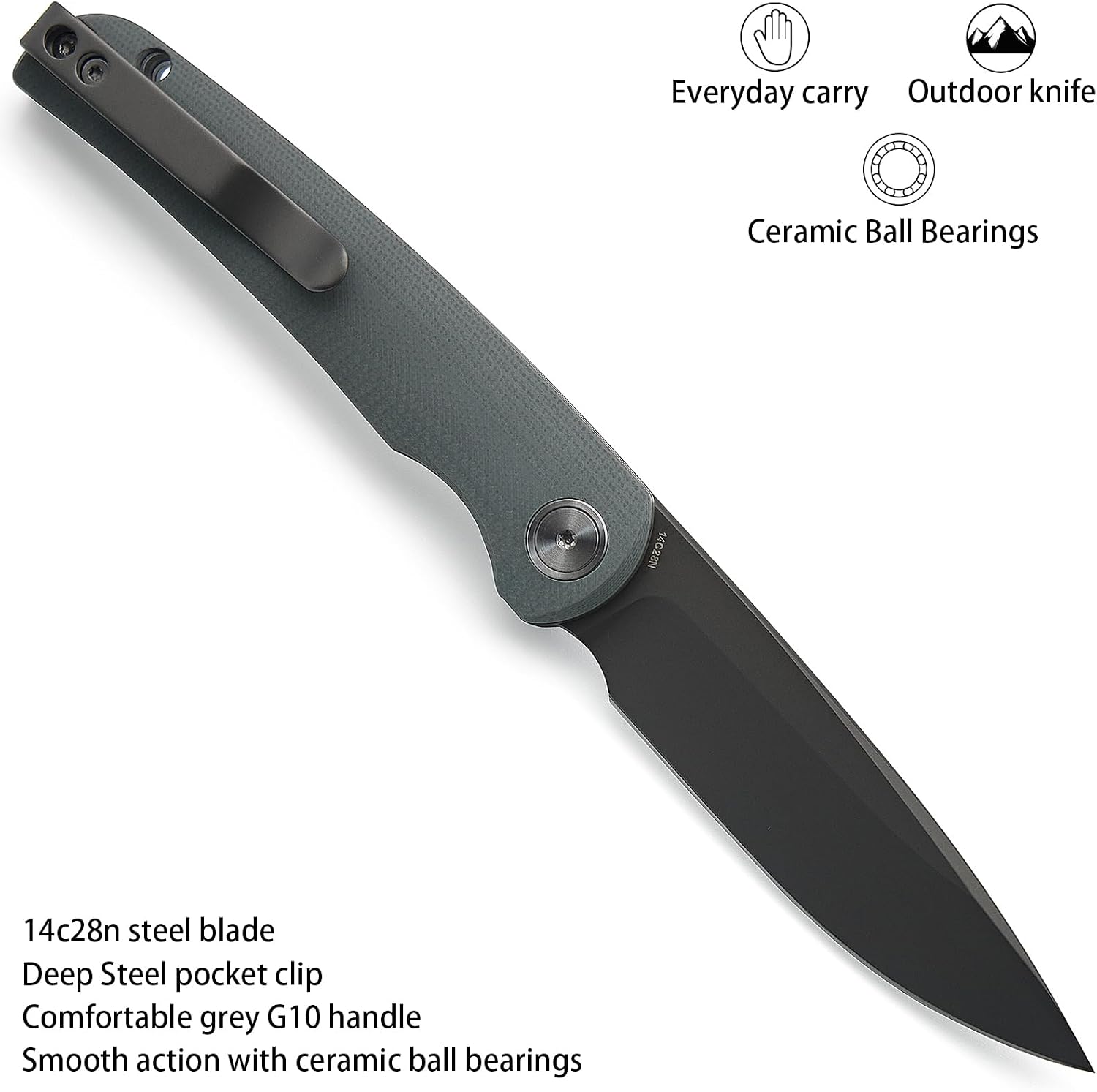 M Miguron Knives Akri 3.18" Front Flipper Knife, 14C28N Dark Grey PVD Blade, Grey G10 Handle
