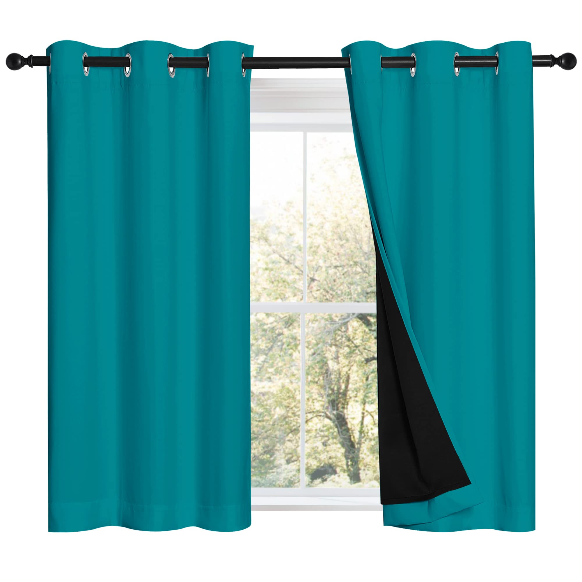 NICETOWN Peacock Teal 100% Blackout Curtains 45 inches Long, 2 Thick Layers Completely Blackout Window Treatment Thermal Insulated Lined Drapes for