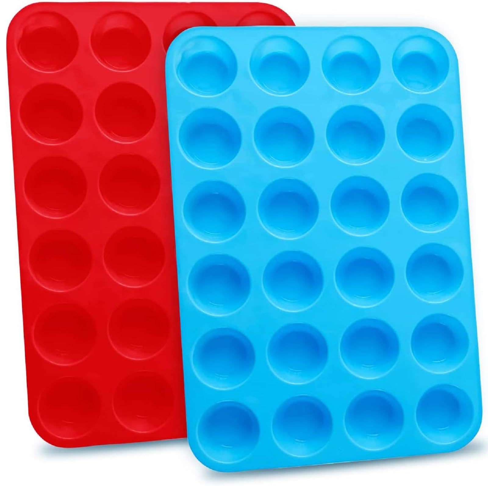 JSUOEO Mini Muffin Pan 24 Cups 2 Pack Silicone Cookies Cupcake Bakeware Tin Round Soap Tray Baking Mould Non Stick, Red + Blue