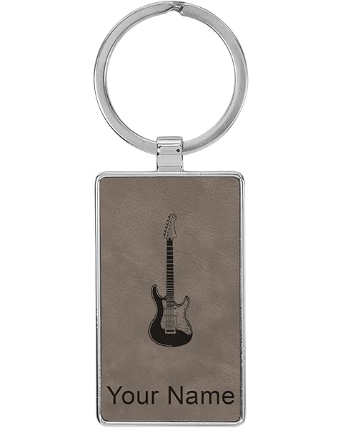 LaserGram Rectangle Keychain, Electric Guitar, Personalized Engraving Included (Metal Frame)