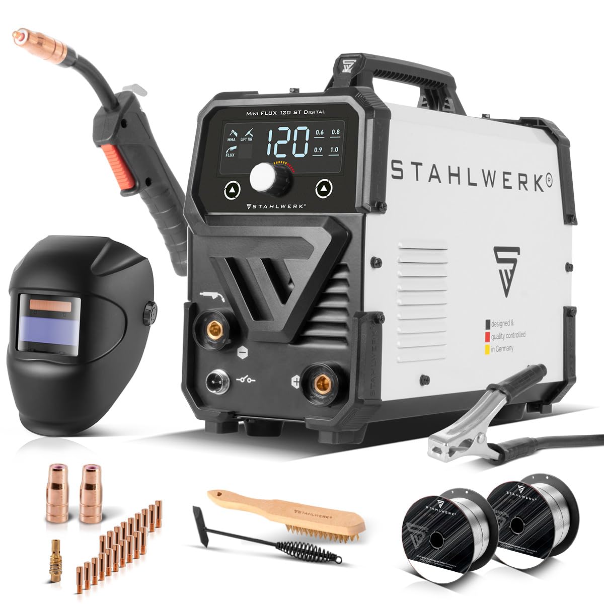 STAHLWERK Soldadora Mini FLUX 120 ST Digital – Máquina de soldar hasta 120 A | Equipo completo, con hilo hueco (FLUX) sin gas protector, hilo sinérgico, luz LED, función Lift-TIG & MMA (Electrodo/ARC)