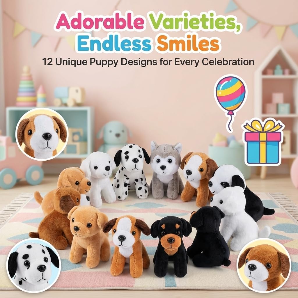 Bedwina Plush Puppy Dogs - (Pack of 12) 6 Inches Tall Small Stuffed Animals Bulk Assorted Puppies and Cute Stuffed Plushed Adopt-a-Puppy Dog Assortment Party Favors for Kids