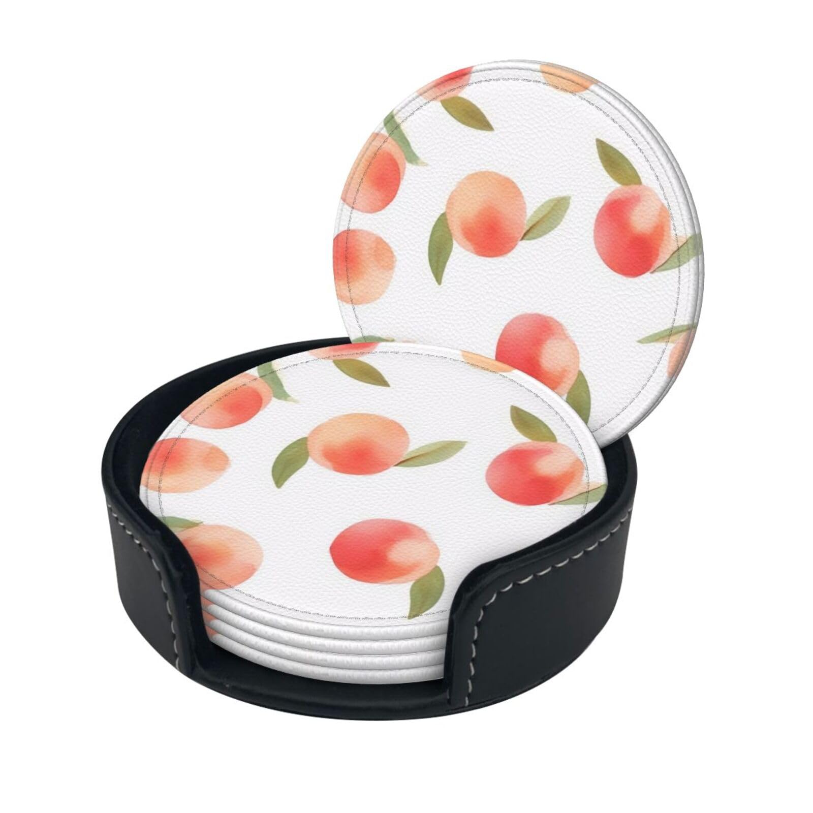 Stylish Coasters - Peach Set of 6 Round Leather Drink Coasters with Holder - Perfect Size for Cups and Glasses