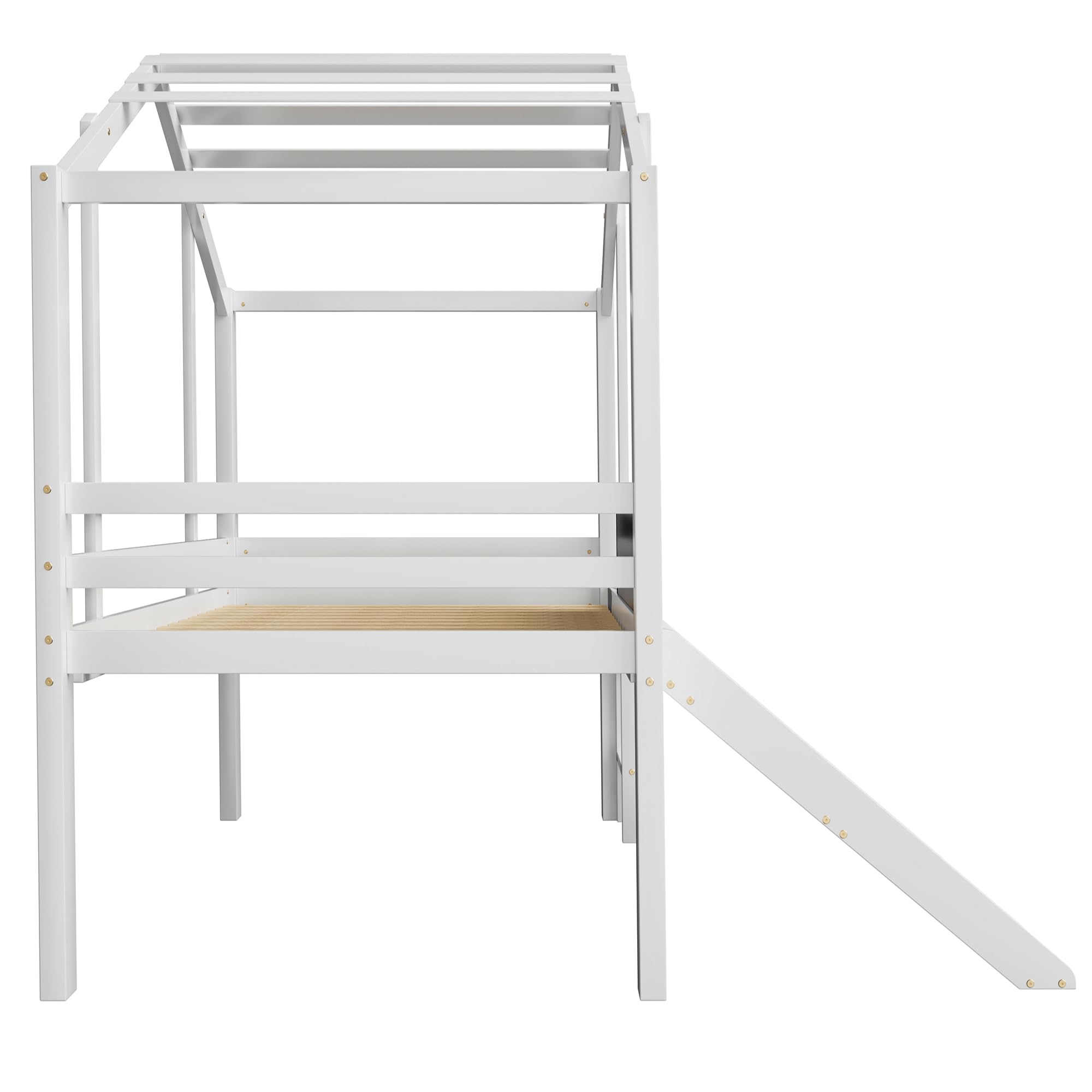 Merax Kinderbett 90×200 cm, Hochbett aus Massivholz, im Haus-Design mit Rutsche, Graffiti-Tafel, Multifunktionsbett, Einzelbett, platzsparendes Spielbett für Kinderzimmer, Weiß (ohne Matratze)