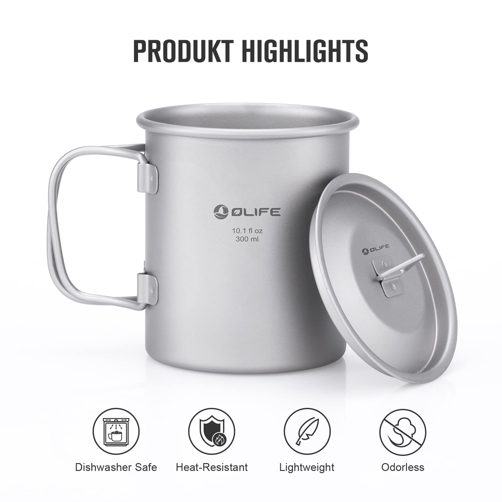 OLIFE Tasse de camping en titane avec couvercle, poignée pliable, sac à dos, tasse portable ultra légère pour camping, voyage, randonnée, extérieur et utilisation quotidienne (300ml)