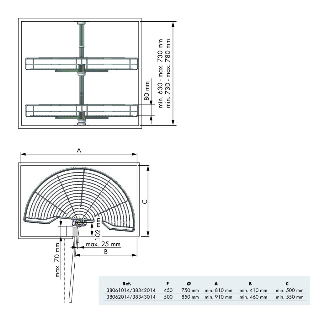 Menage Confort Semicar 180º Vassoio per armadio angolare da cucina, metallo, larghezza porta 450 mm/altezza prodotto 730-780 mm
