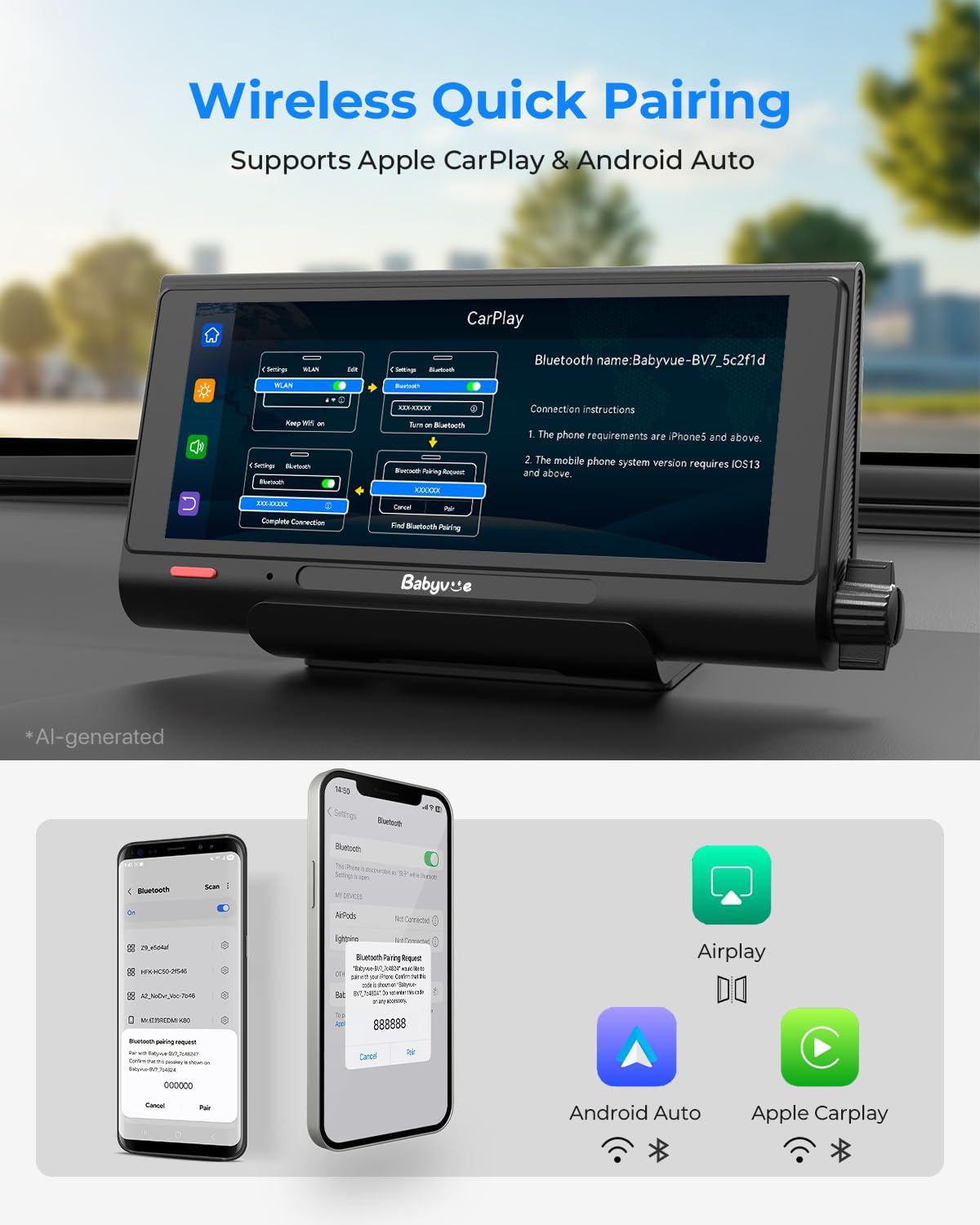 Babyvue BV7 Kamera samochodowa dla dzieci, 18,2 cm, z dzielonym wyświetlaczem Carplay i nagrywaniem w nocy, IR 1080p, składany uchwyt, tryb uśpienia, łatwy montaż i