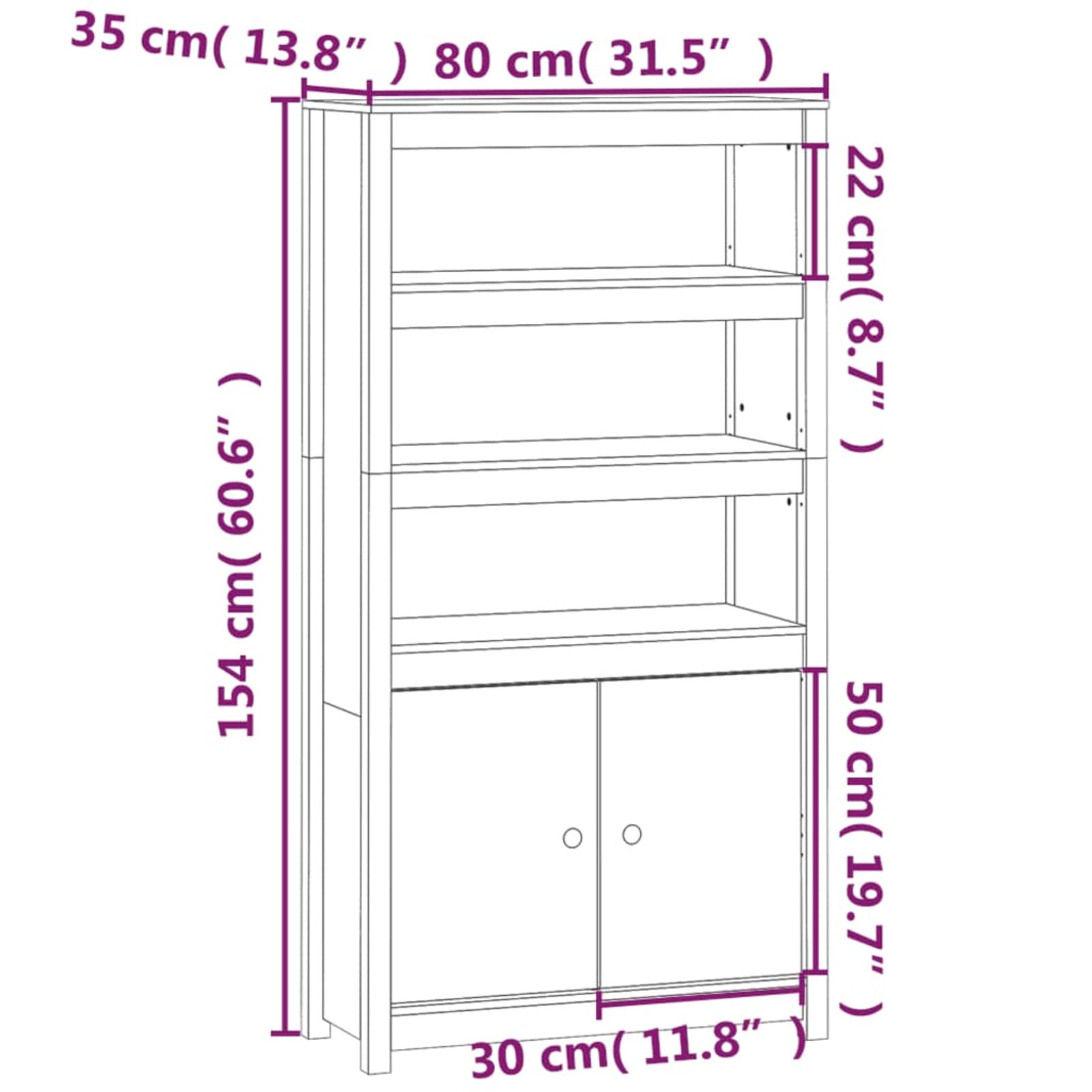 Buffet Haut En Pin Massif - Marron Miel - 80x35x154 Cm - NEUF