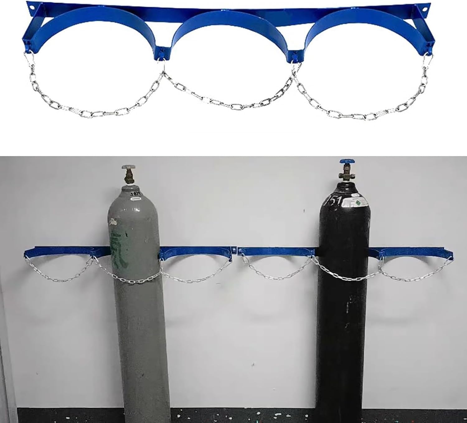 Soporte de Pared para bombonas de oxígeno - Soporte Resistente para Tanques de Gas con Cadenas de Seguridad para bombonas de O2, nitrógeno y acetileno - Perforado previamente para