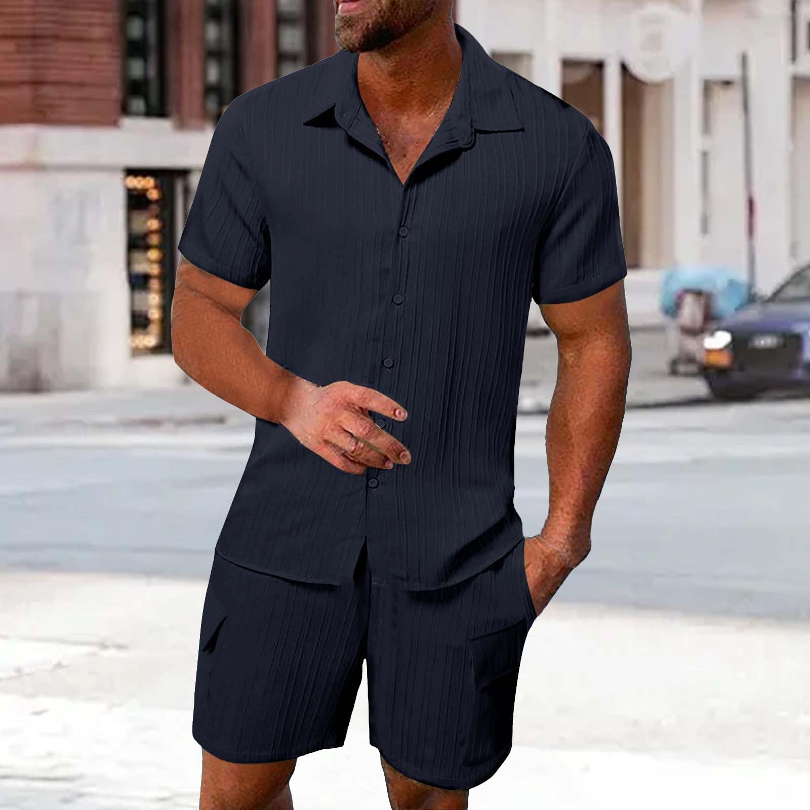 Tuta in lino da uomo, estiva, 2 pezzi, casual, a maniche corte, tinta unita, con bottoni, camicia in lino e pantaloni corti, per spiaggia, vacanze, tempo libero, leggero, da uomo, per tutti i giorni