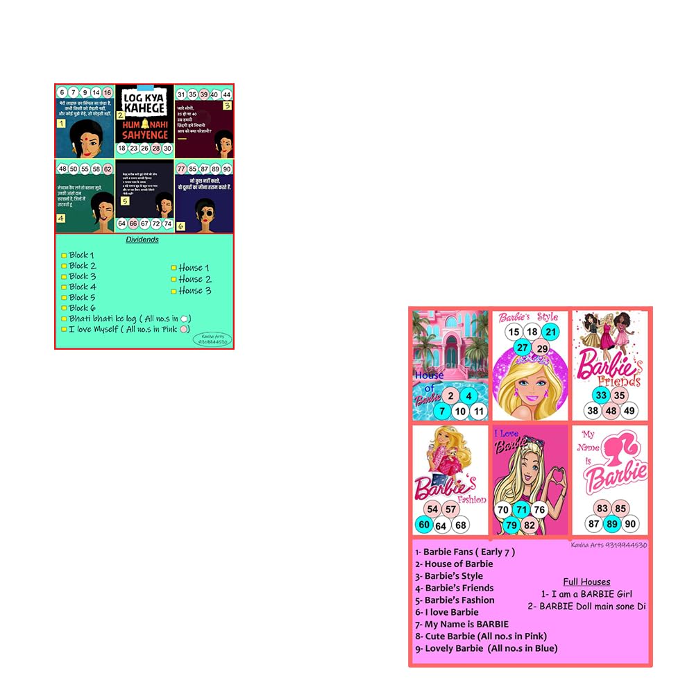 Kanha Arts Barbie Themetambola Tickets & Funny Jokes Tambola Durable Hard Card Sheet Material for Interactive Learning & Play