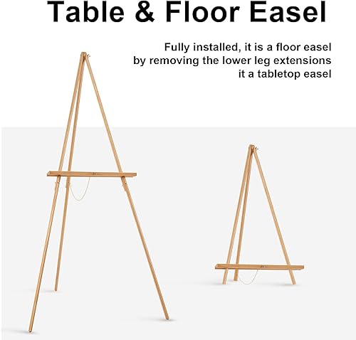 Miniatura 5 de Falling in Art Caballete de trípode con marco en A de 65 pulgadas, caballete de exhibición de madera con soporte de lona ajustable, caballete de