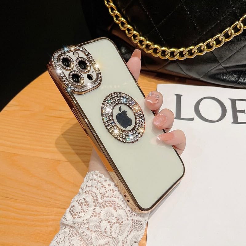 LuxuryKase Sparkling Crystal Clear Case for iPhone 15 Pro | Logo Cut | Soft Protective TPU Case | Diamond Camera Lens Protector - Gold
