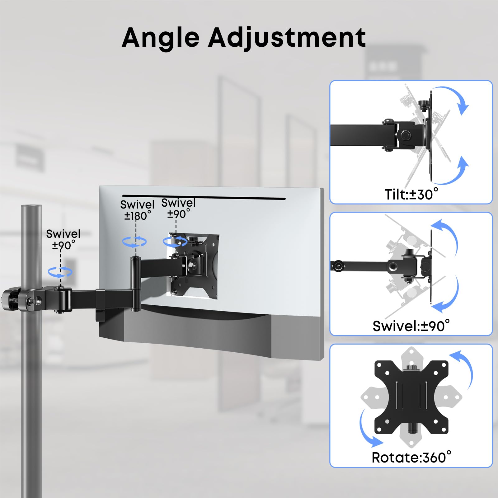 Brazo de monitor de montaje en poste fácil montaje VESA para pantallas de 17-32 soporta hasta 17.6 lbs Compatible con 75x75 y 100x100 VESA Solución perfecta cuando el montaje en pared o 4
