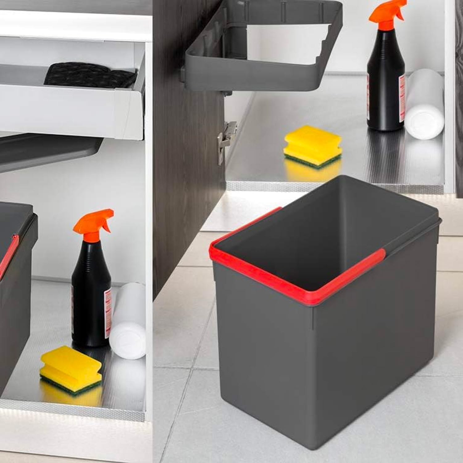 Avilia Cubo de basura extraíble para debajo del fregadero, 15 l, cubo de basura de interior con apertura y tapa automática, gris antracita, de plástico, 34,5 x 25 x 28,5 cm