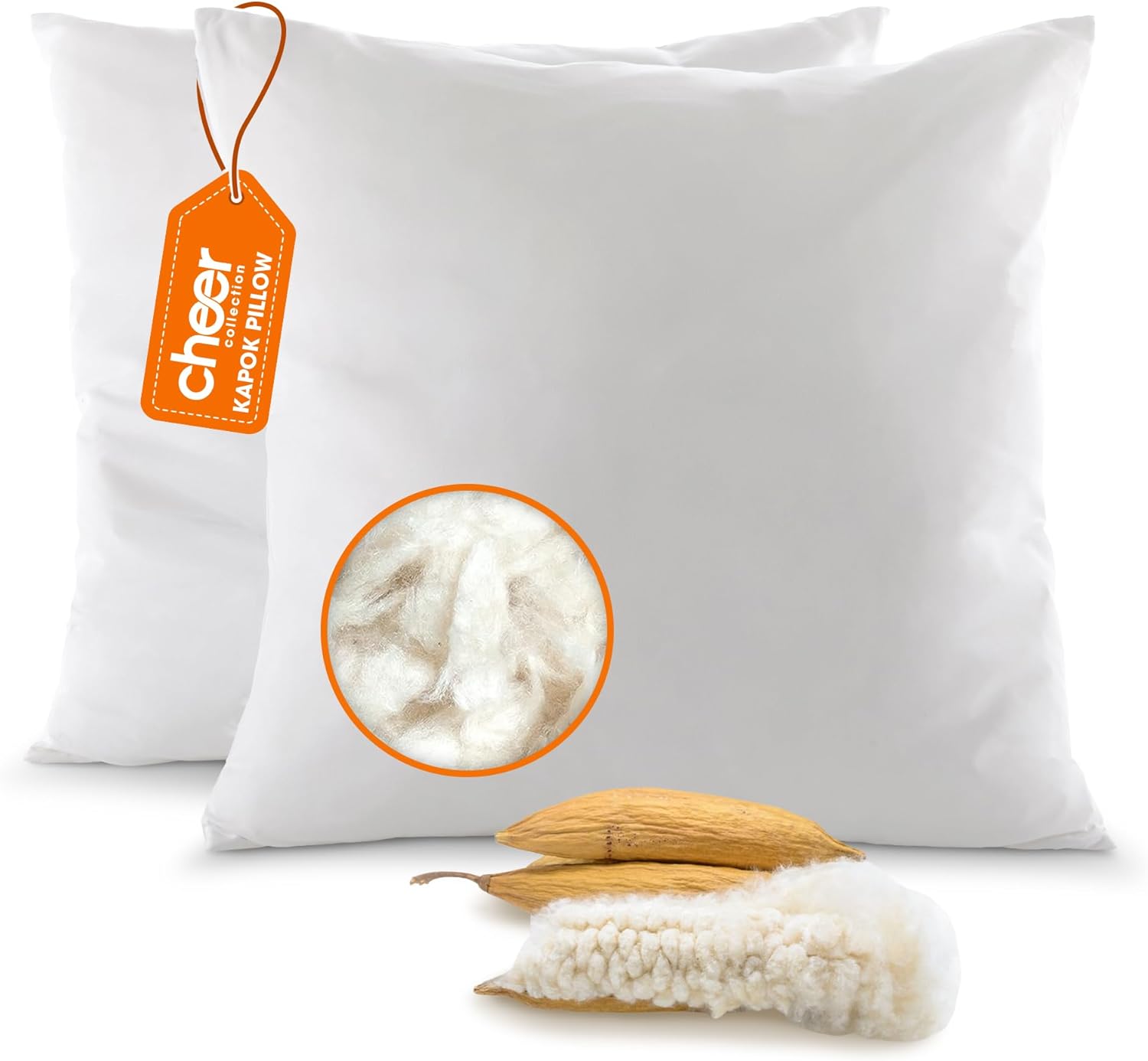 Cheer Collection Set of 2 Organic Kapok Pillows, Natural Kapok Fiber Filled Throw Pillows for Couch, Bed & Décor, with Breathable Microfiber Shell, 18 x 18 inches