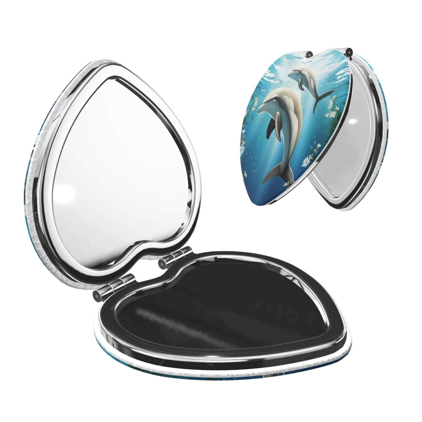 DWVTSLH Kiss Dolphin Tale Compact Mirror for Purse, Double-Sided 2X/1X Magnifying Mirror for Women Men, Travel Makeup Mirror for Handbag, Handheld Vanity Mirror for Gift