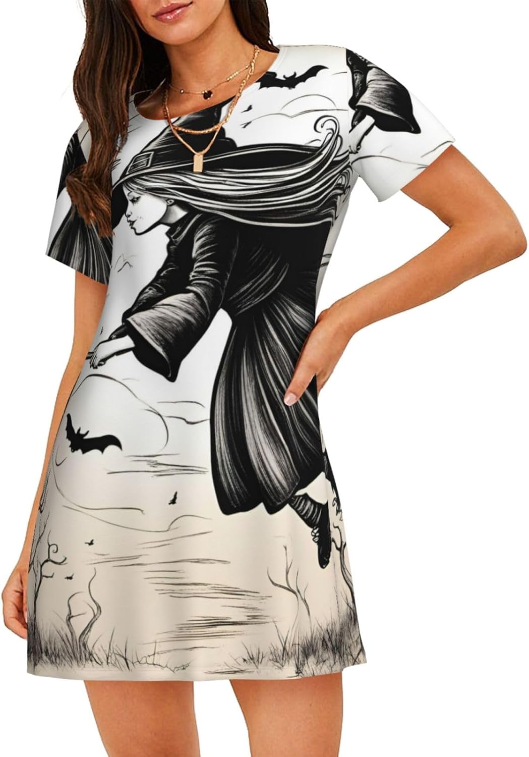 Casual Halloween Witch Flying Print Women S Short Sleeve,Soft Nightgown Comfy Sleepshirt For Ladies,Casual Loose Dress