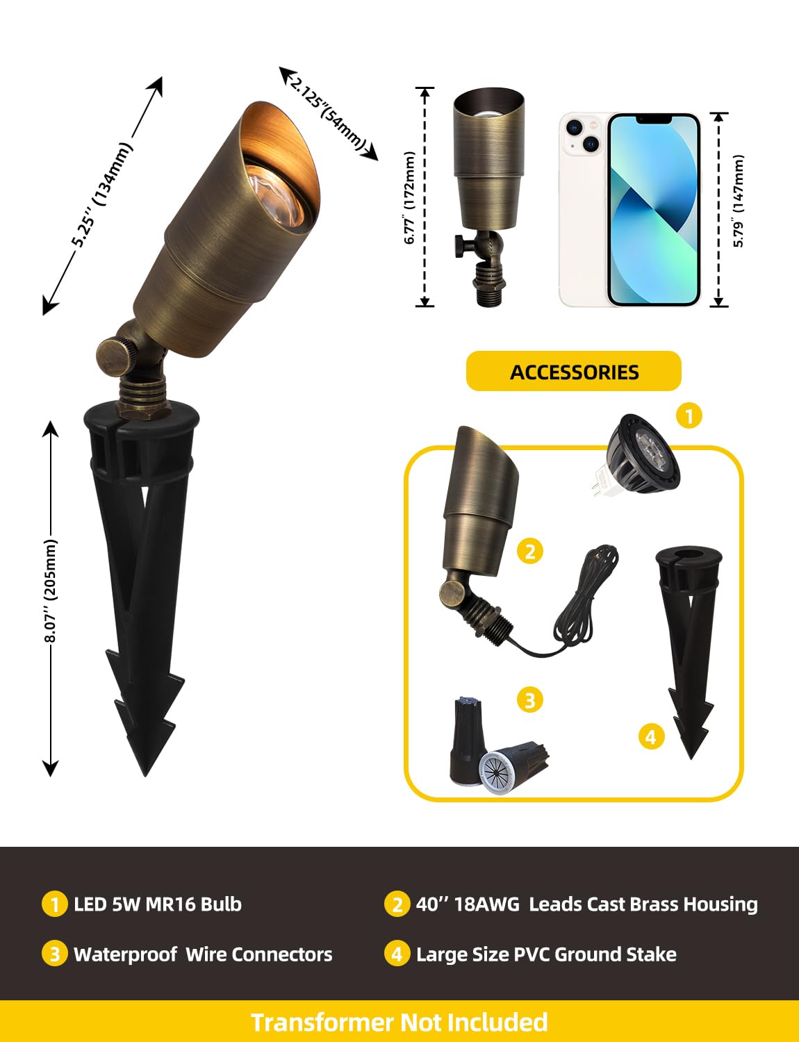 COLOER Faretti paesaggistici in ottone, confezione da 6 faretti per esterni con alloggiamento in alluminio da 5 W, lampadina LED MR16 2700 K 450 lm, 12 V CA/CC, illuminazione esterna a bassa tensione