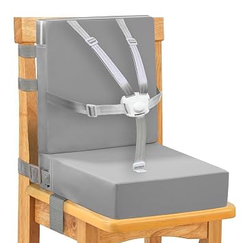 Toddler Booster Seat for Dining Table, 5 Point Buckle Child Booster Seat for Table with Backrest, PU Waterproof Easy Cleaning Dining Booster Seat Adjustable Seat Belts & Non-Slip Bottom Grey