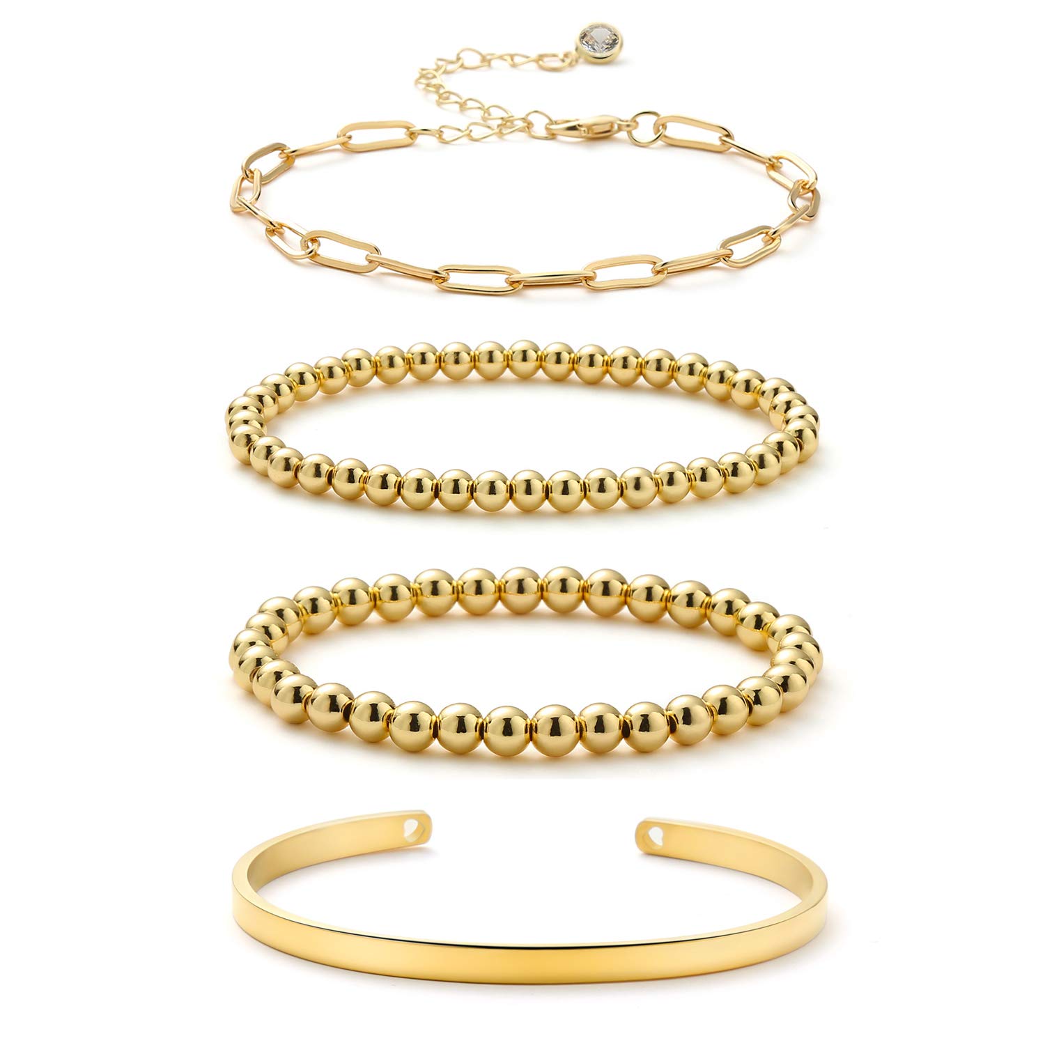 StarainStarain Gold Beaded Bracelets for Women 18K Gold Plated Beaded Ball Stackable Stretch Bracelet Gold Cuff Bangle Set