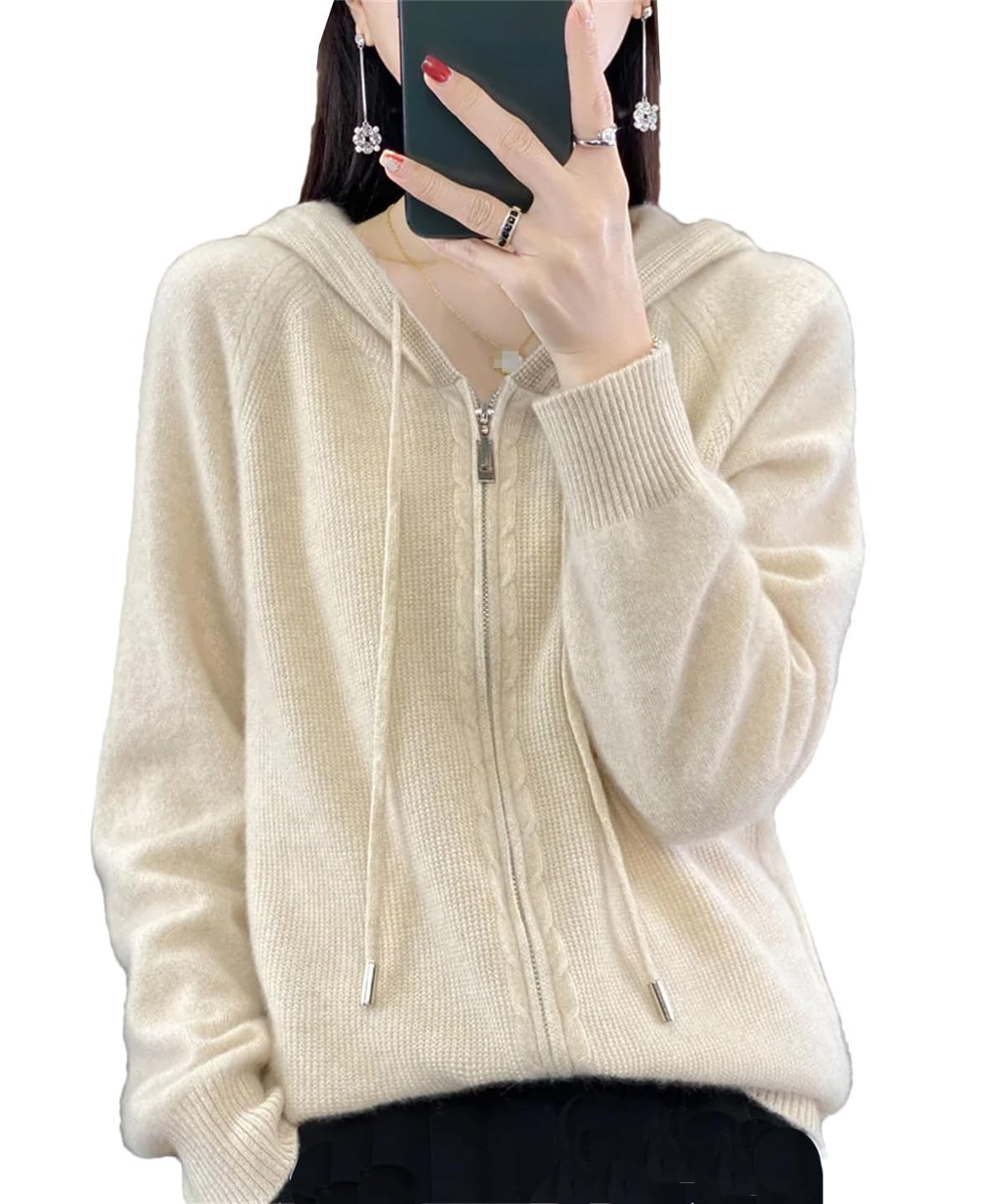 Generic Women Wool Cardigan Sweater Autumn Winter Casual Zipper Long Sleeves Cashmere Knit Hoodie