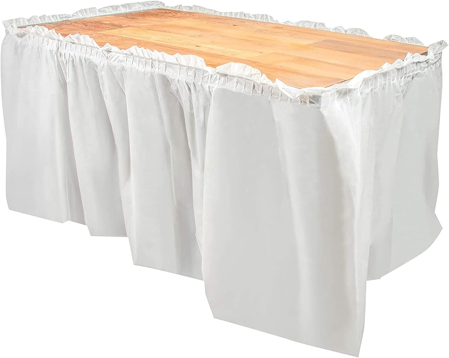 6 Pack White Table Skirt for Rectangle Tables, 29 in x 14 ft Disposable Plastic Table Skirts for Wedding, Engagement Party, Baby Shower, Fits Tables Up To 8 ft Long