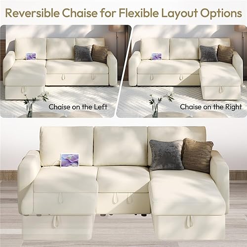 Miniatura 14 de Yaheetech Sofá modular en forma de L con diván y USB, sofá cama reversible con cama extraíble y espacio de almacenamiento, sofá convertible de tela