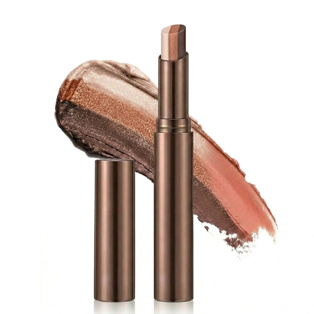 Gradient Eyeshadow Stick, 3-Color Shimmer Cream Eye Shadow Pen, Easy Blend Waterproof Long Lasting Eye Makeup Stick, Beginner Friendly Quick Eye Look (#01 Golden Mocha)